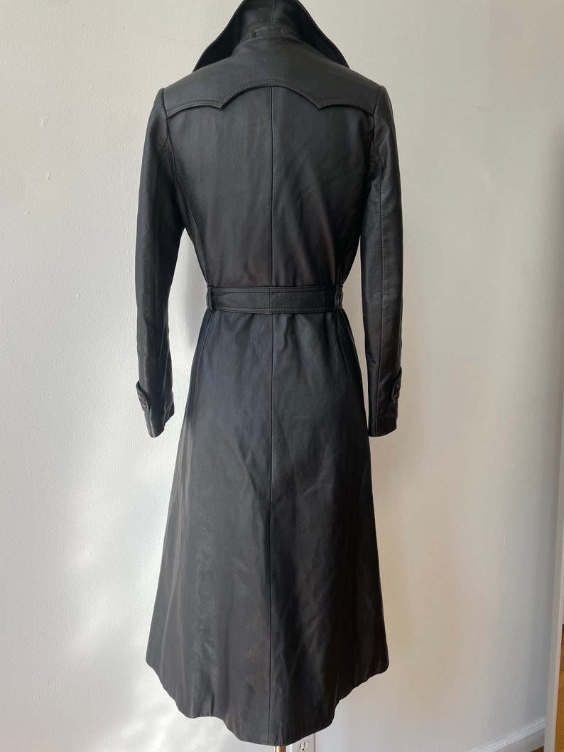 Vintage 1970s Black Leather Belted Trench Coat image 4