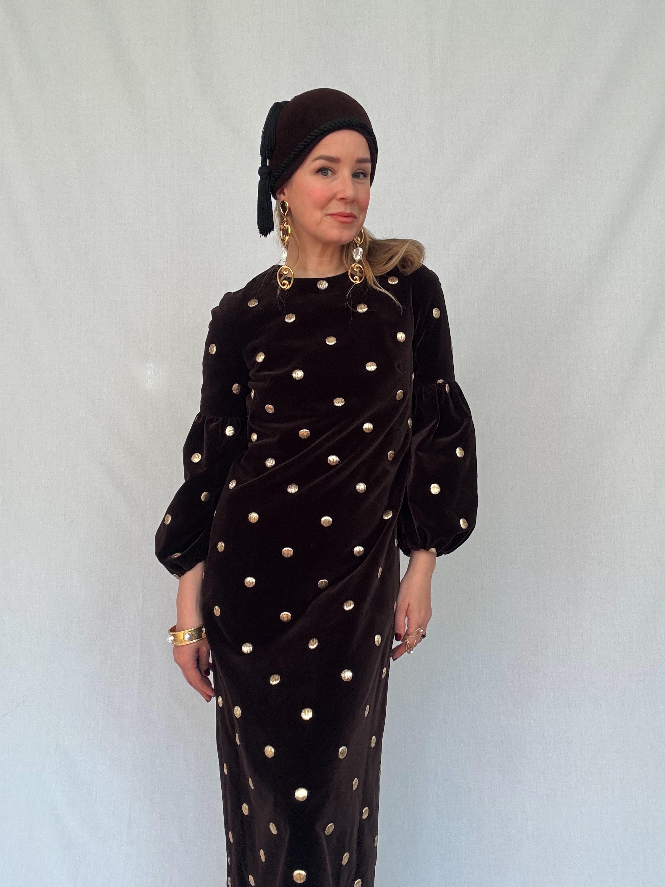 Vintage 1980s Hanae Mori Brown Velvet Gold Lurex Polka Dot Maxi