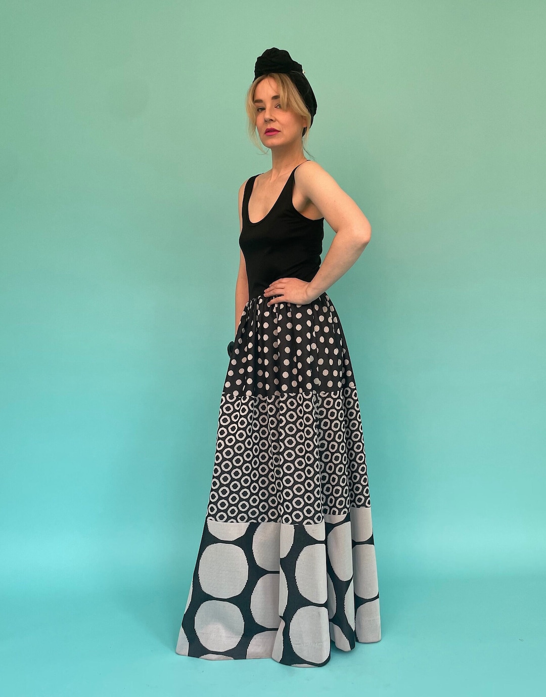 Rudi Gernreich 1970s semi-sheer frilled collar maxi dress with pink spots