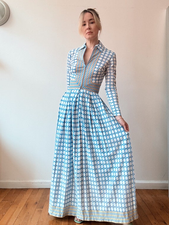 Vintage 1970s Blue Printed Maxi Dress