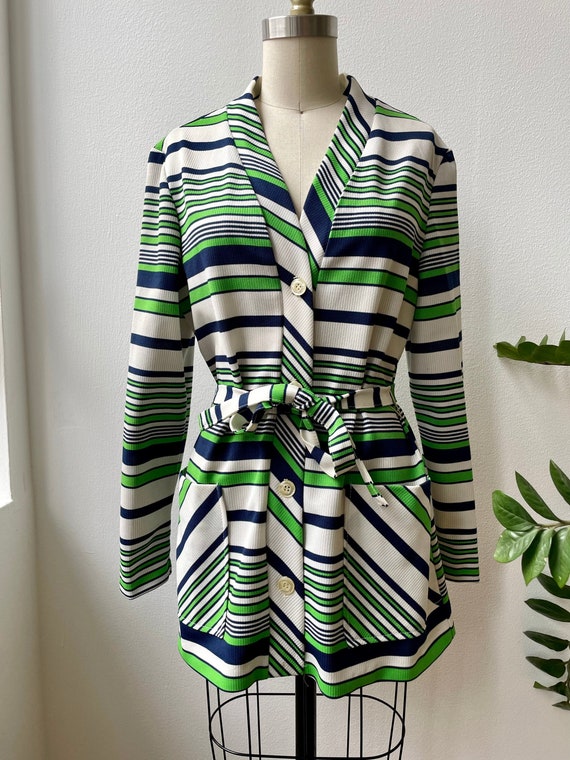 70s green and navy striped belted cardigan