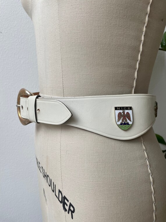 White leather and French medallion novelty waist belt Gem