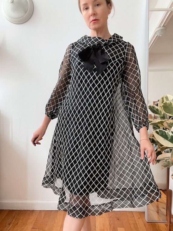 Vintage 60s Mod Checkered Sheer Chiffon Dress Siz… - image 1