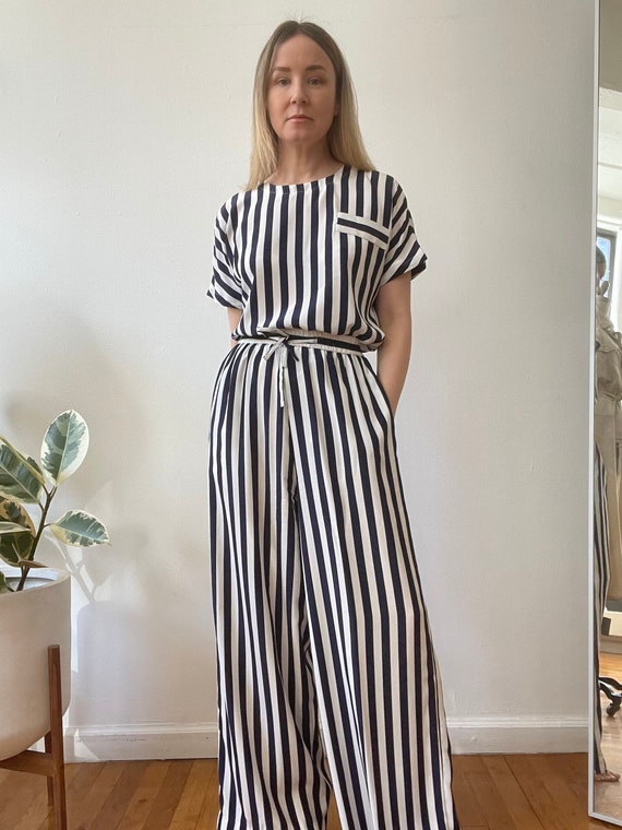 Vintage 1980s Navy & White Striped Pant Ensemble