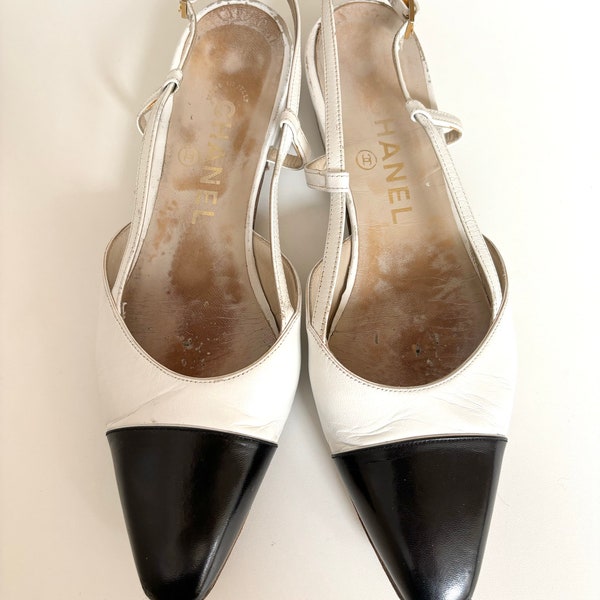 Vintage Chanel Black & White Leather Slingback Flats