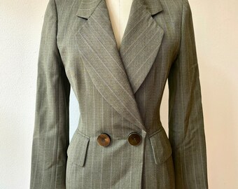 Vintage 1990s Christian Dior Haute Couture Olive Striped Wool Skirt Suit