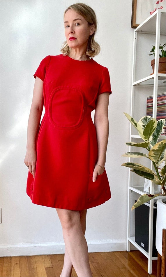 Vintage 1960s Red Wool Mod Space Age Dress