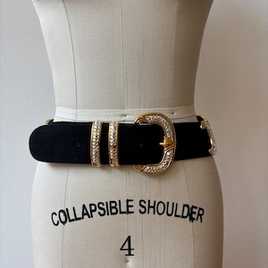 Vintage Black Suede Gold Buckle Rhinestone Belt
