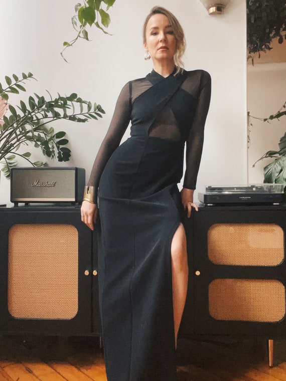 Vintage 1990s Black Sheer Net Maxi Dress - image 10