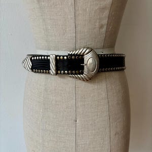 Vintage Black Leather Studded Silver Buckle Belt