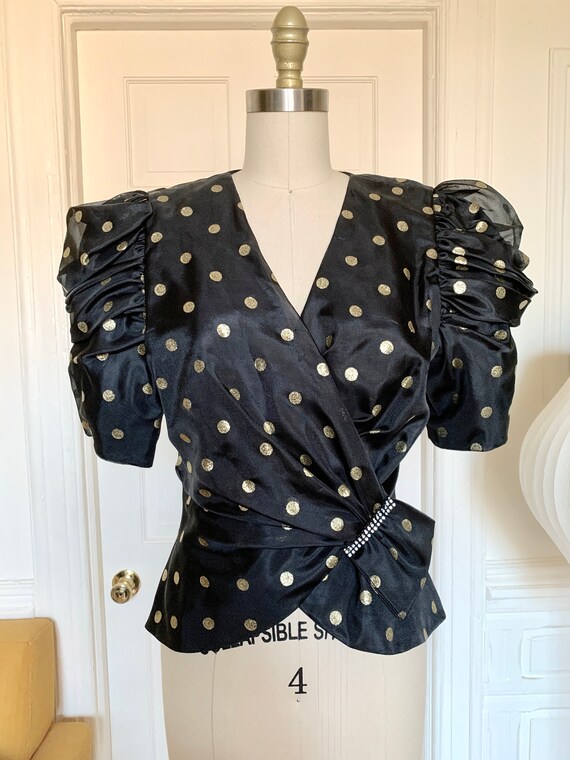 Vintage 80s Black Organza and Gold Puff Sleeve Blo