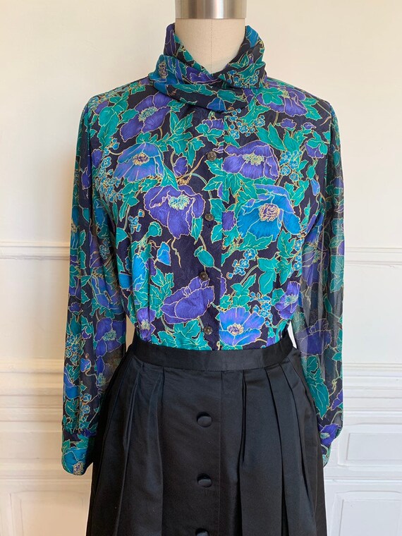 1980s Vintage Blouse Sheer Chiffon Floral Blouse S