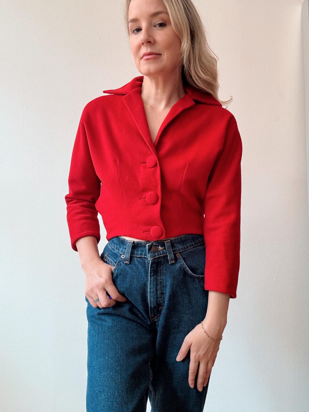 Vintage Cropped Red Jumper - L