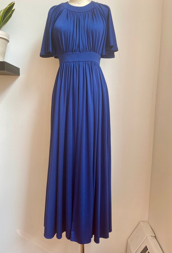 Vintage 1970s Blue Pleated Jersey Maxi Dress