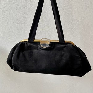 Vintage 50s large black suede and lucite evening bag image 1