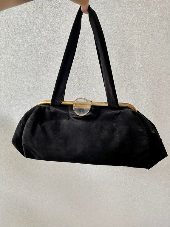 Vintage 50s large black suede and lucite evening b
