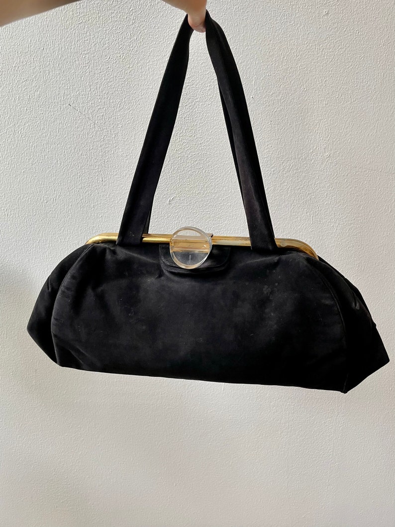 Vintage 50s large black suede and lucite evening bag image 1