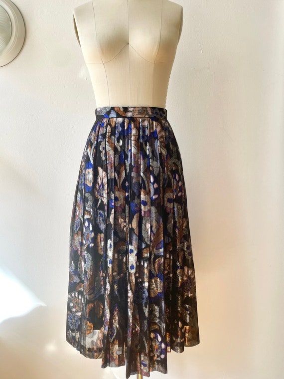 Vintage 1980s Metallic Lurex Floral Midi Skirt