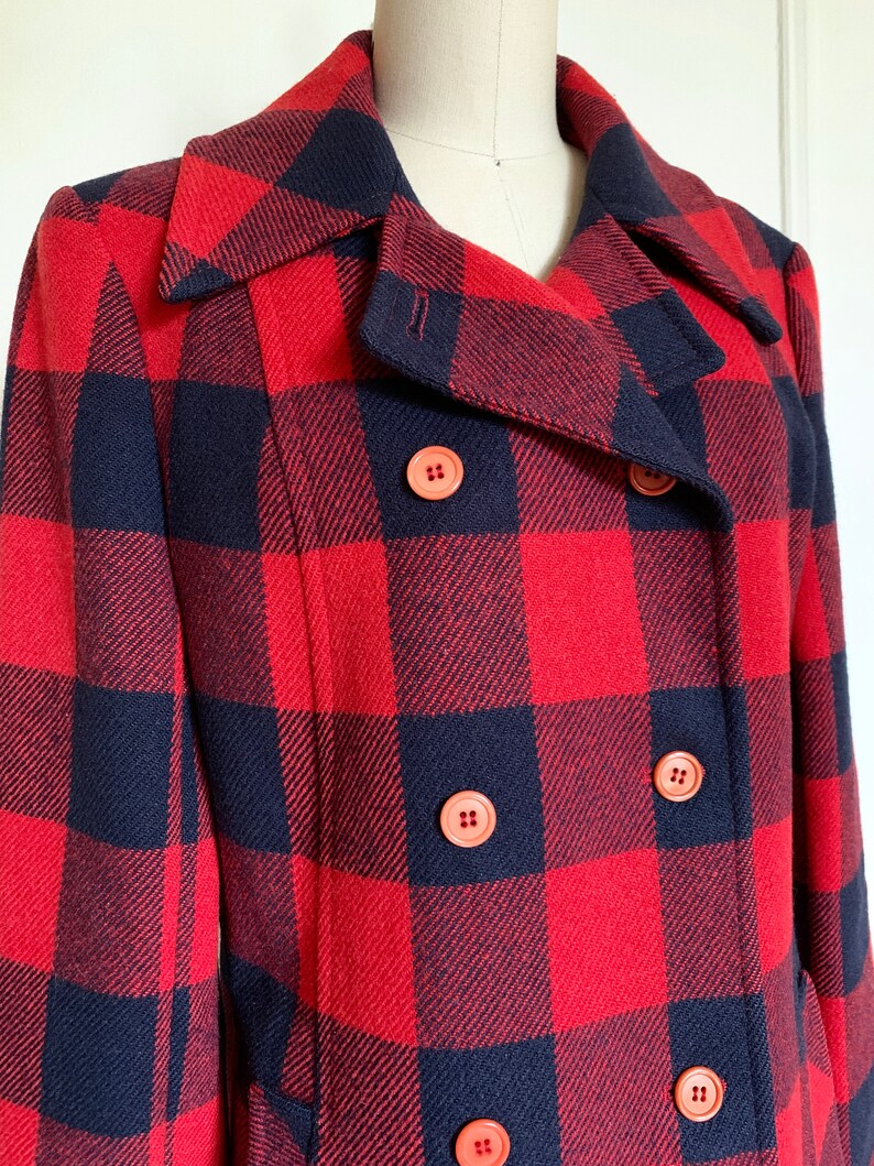 1970s Pendleton Navy and Red Buffalo Plaid Pea Coat Size | Etsy