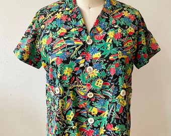 Vintage 1930s 40s Hawaiian Print Collared Shirt