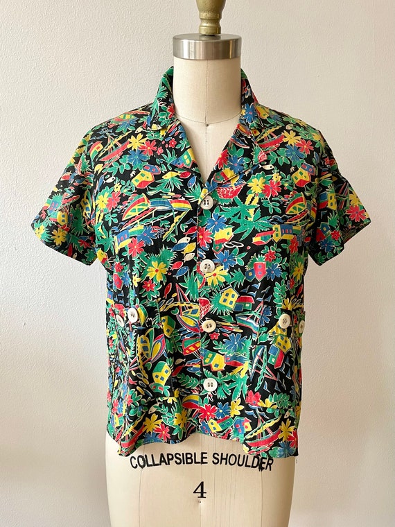 Vintage 1930s 40s Hawaiian Print Collared Shirt