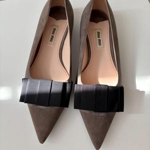 Miu Miu Taupe Suede Black Bow Flats