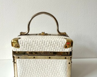 Vintage White and Gold Train Case Handbag