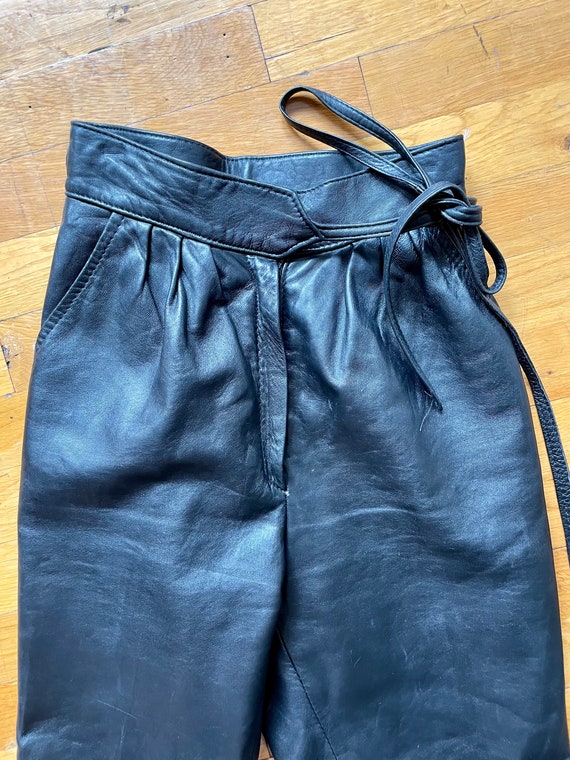 Vintage Paco Rabanne Black Leather Tie Waist Pants - image 5