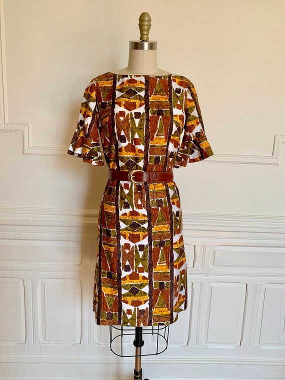 vintage 60s tiki flutter sleeve shift dress