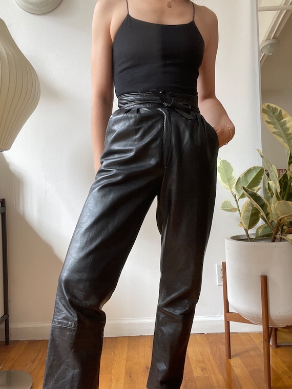 Vintage Paco Rabanne Black Leather Tie Waist Pants - image 9