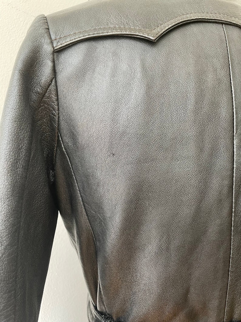 Vintage 1970s Black Leather Belted Trench Coat image 6