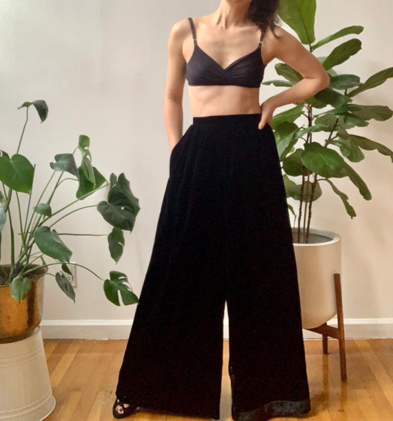 80s Wide Leg Black Velvet Palazzo Pants Size S
