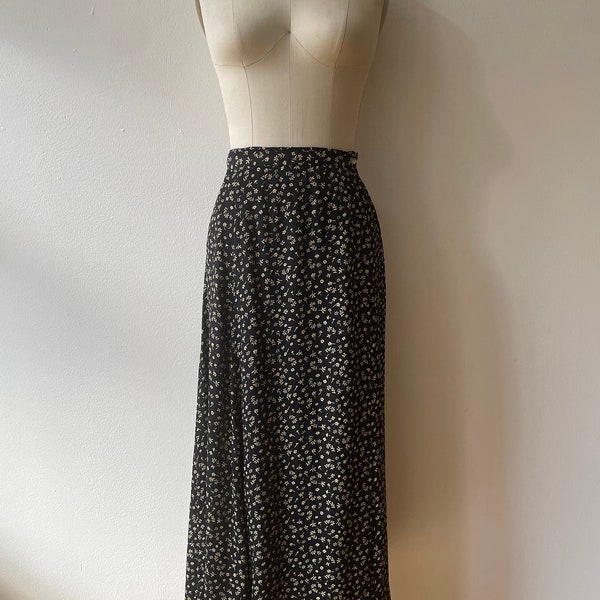Vintage 1990s Black Floral Print Rayon Wrap Skirt