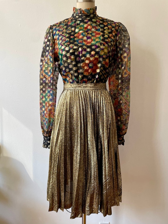 Vintage 1980s Metallic Gold Lame Pleated Skirt - image 1