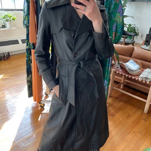 Vintage 1970s Black Leather Belted Trench Coat image 9