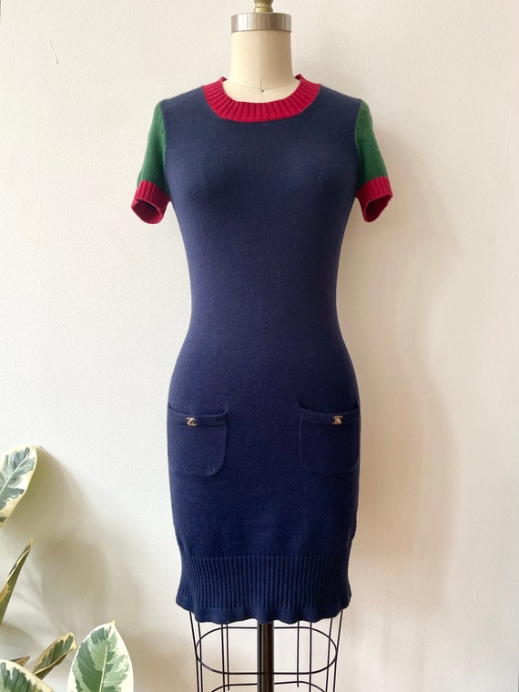 Chanel Color Block Knit Dress CC Logo Buttons