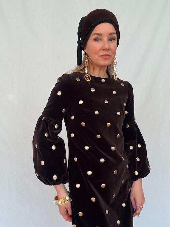 Vintage 1980s Hanae Mori Brown Velvet Gold Lurex Polka Dot Maxi