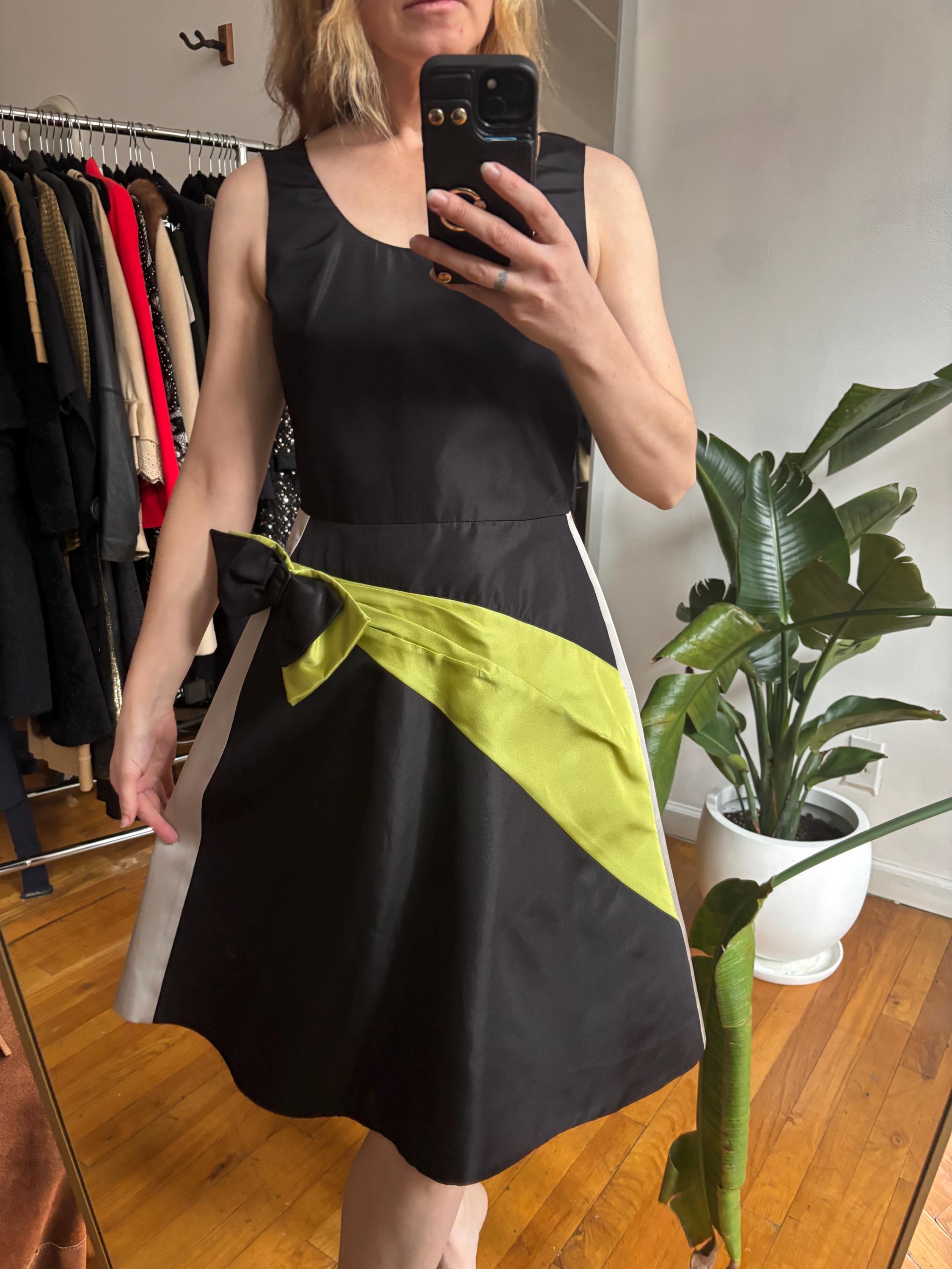 Prada Black Silk Green Bow Cocktail Dress