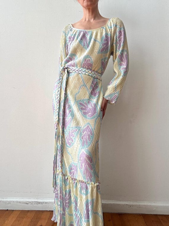Vintage 1980s Mary Mcfadden Tropical Print Pleated Maxi Dress