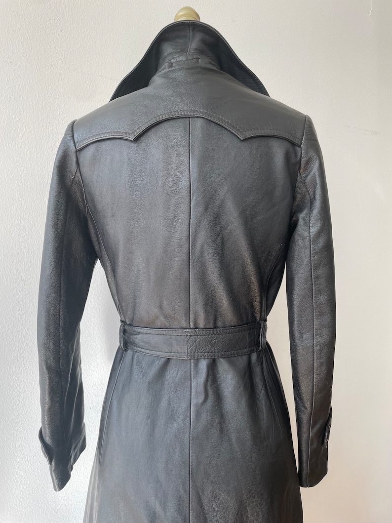 Vintage 1970s Black Leather Belted Trench Coat image 5