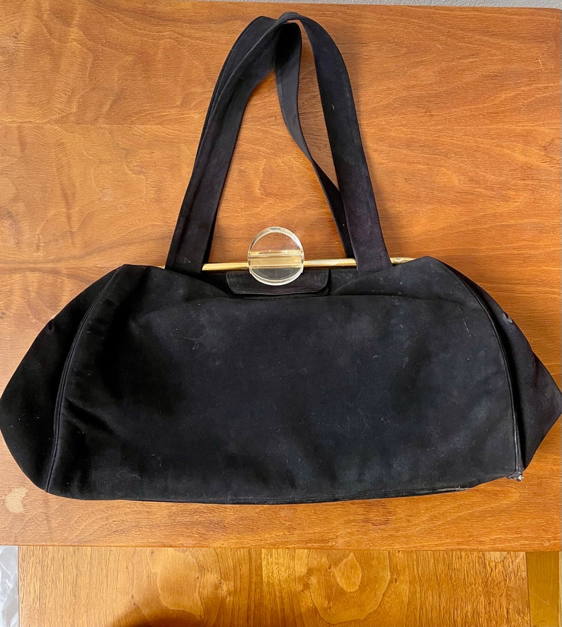 Vintage 50s large black suede and lucite evening bag image 2