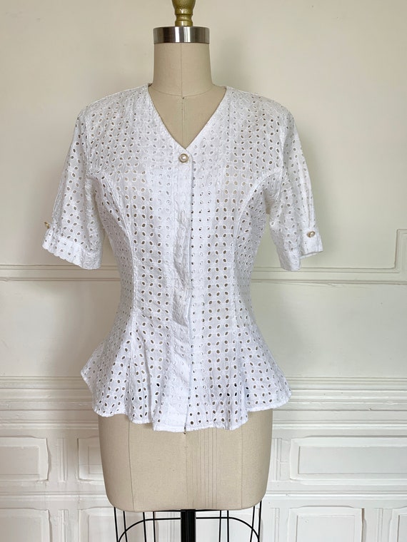Vintage Italian White Cotton Eyelet Blouse Size Sm