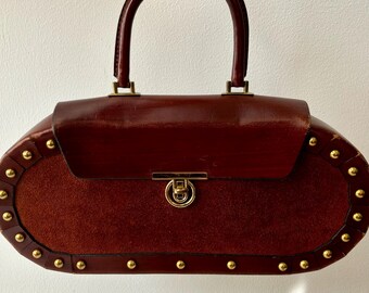 Vintage 1960s/70s Brown Tooled Leather Studded Top Handle Bag