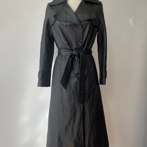 Vintage 1970s Black Leather Belted Trench Coat image 1