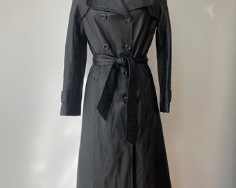 Vintage 1970s Black Leather Belted Trench Coat