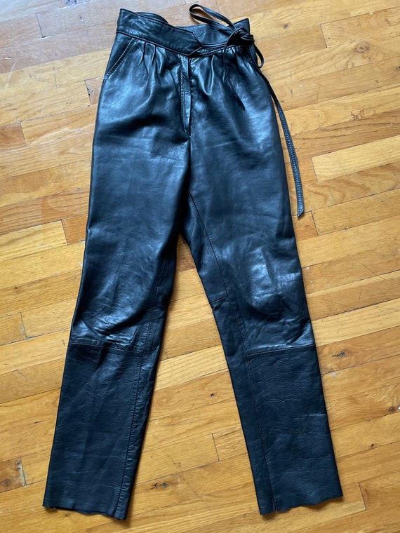 Vintage Paco Rabanne Black Leather Tie Waist Pants - image 3