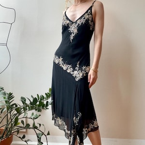 Vintage 1990s Cache Black Silk Embroidered Beaded Slip Dress