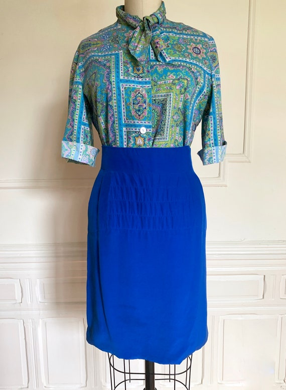 Vintage Bright Blue Silk Pencil Skirt