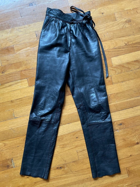 Vintage Paco Rabanne Black Leather Tie Waist Pants - image 2