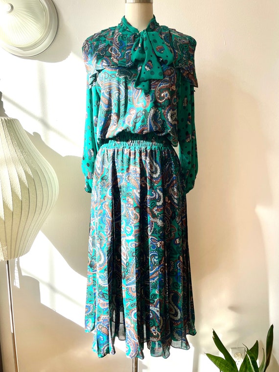 Vintage 1980s Diane Freis Paisley Pleated Dress